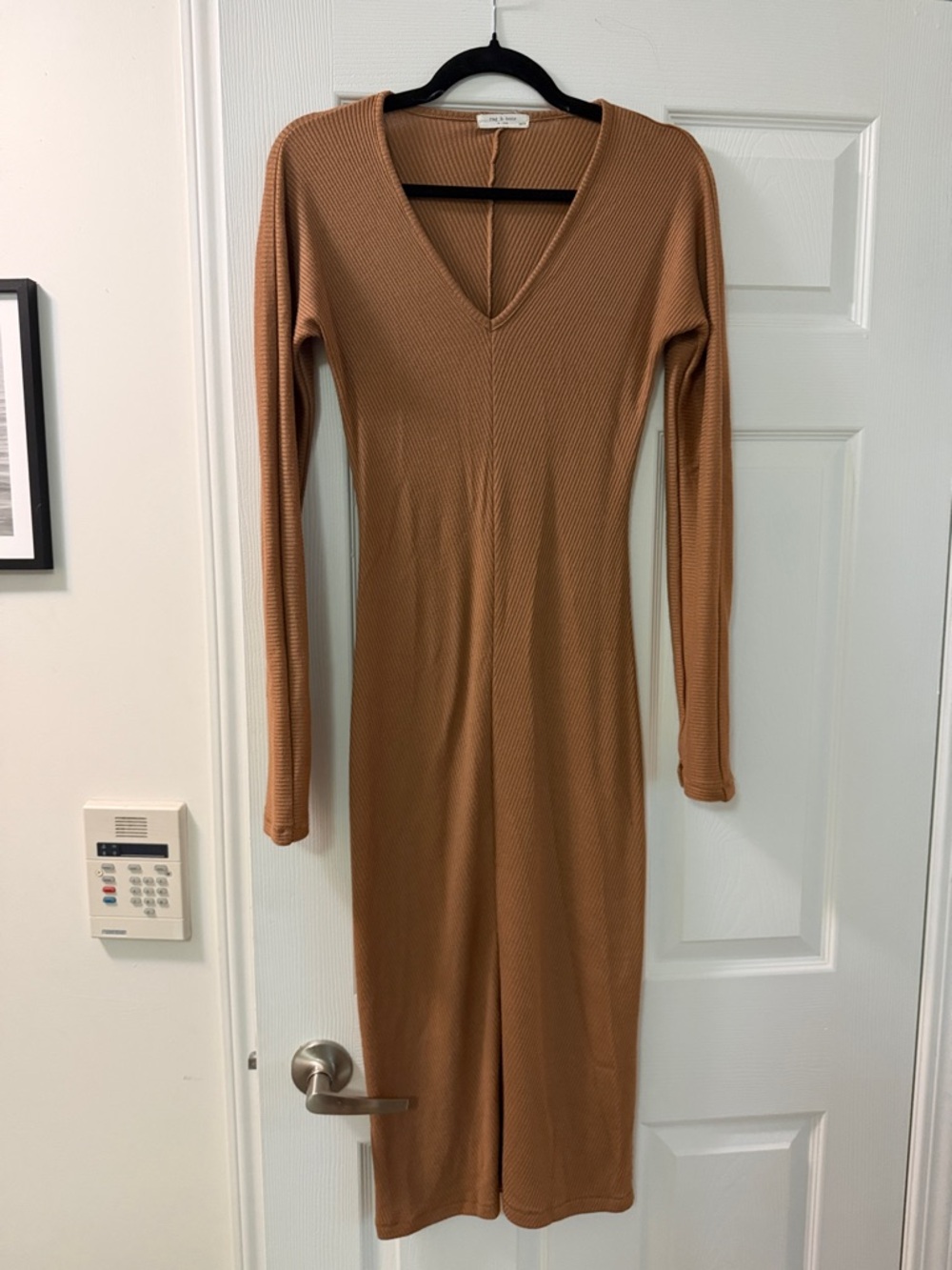 Ribbed V-Neck Midi Dress in Camel